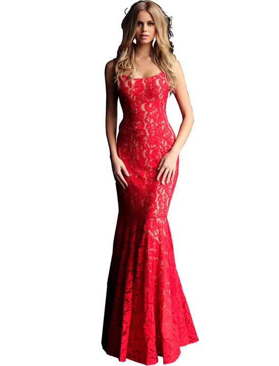 Jovani Red Embellished Lace Open Back Prom Dress Jovani Red Embellished Lace Open Back Prom Dress