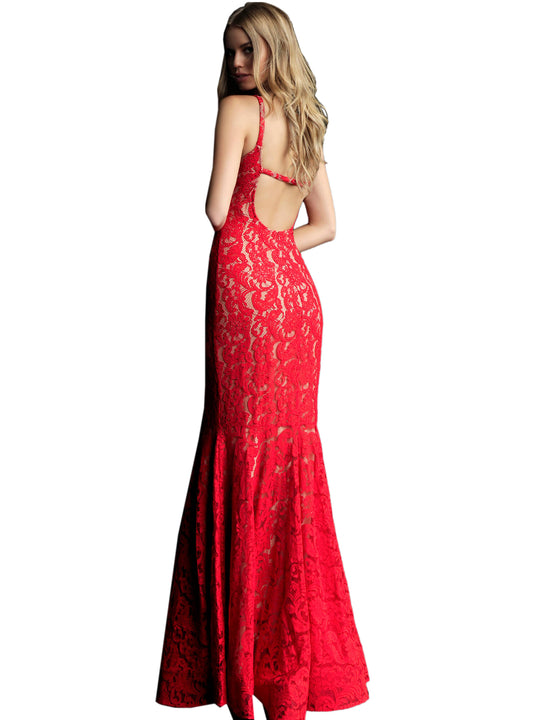 Jovani Red Embellished Lace Open Back Prom Dress Jovani Red Embellished Lace Open Back Prom Dress