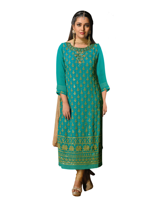 Opal Green Embroidered Chikankari Long Kurti Salwar Kameez Suit D-6221