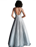 Jovani Gunmetal Plunging Neckline Glitter A Line Prom Gown Dress