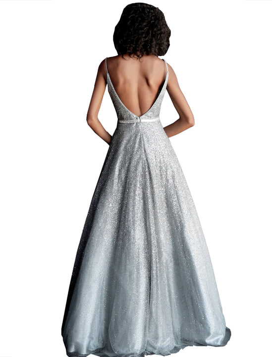 Jovani Gunmetal Plunging Neckline Glitter A Line Prom Gown Dress Jovani Gunmetal Plunging Neckline Glitter A Line Prom Gown Dress