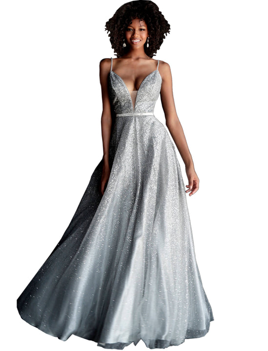 Jovani Gunmetal Plunging Neckline Glitter A Line Prom Gown Dress