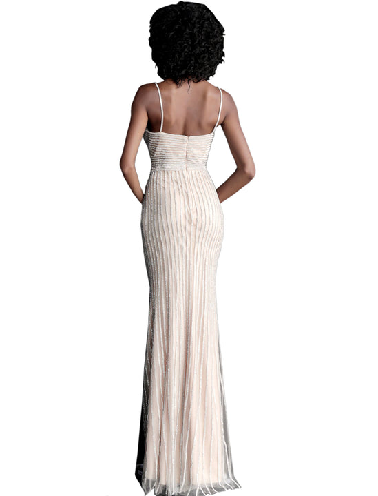 Jovani Silver Nude Spaghetti Straps Beaded Prom Dress