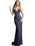 Jovani Navy Plunging Neckline Embellished Fitted Prom Dress