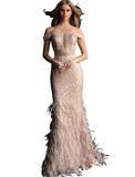 Jovani Rose Gold Off the Shoulder Beaded Prom Dress