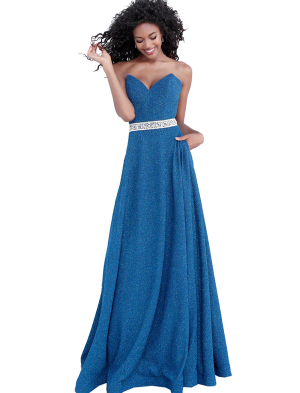 Jovani Atlantic Honor Crystal Embellished Belt Glitter Prom Dress