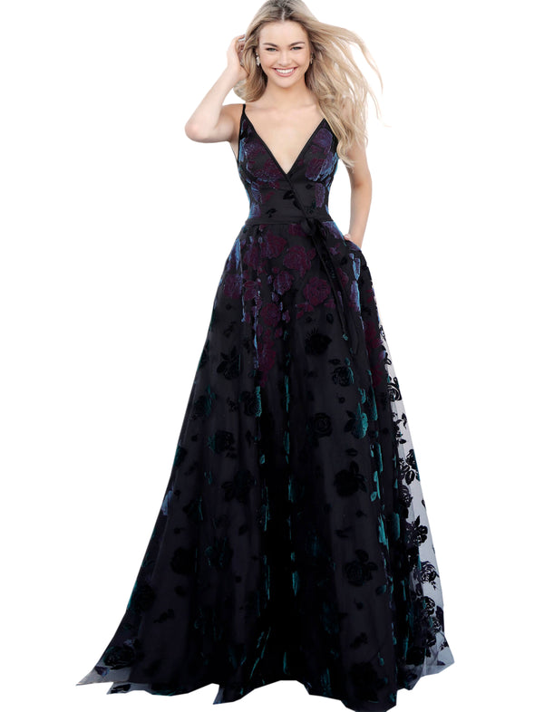 Jovani Black Multi Spaghetti Straps V Neck Floral Prom Dress