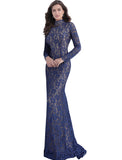 Jovani Navy Nude Long Sleeve High Neck Prom Dress