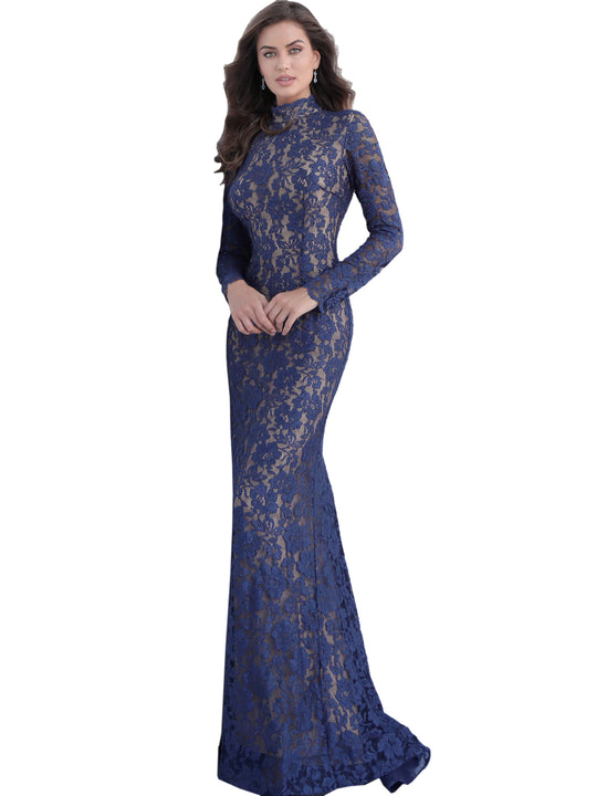 Jovani Navy Nude Long Sleeve High Neck Prom Dress