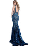 Jovani Teal Low V Neck Embellished Sleeveless Prom Gown Dress