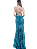 Jovani Teal Lace Key Hole Neckline Fitted Prom Dress