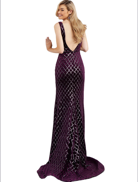 Jovani Purple Sequin Embellished Backless Velvet Prom Dress