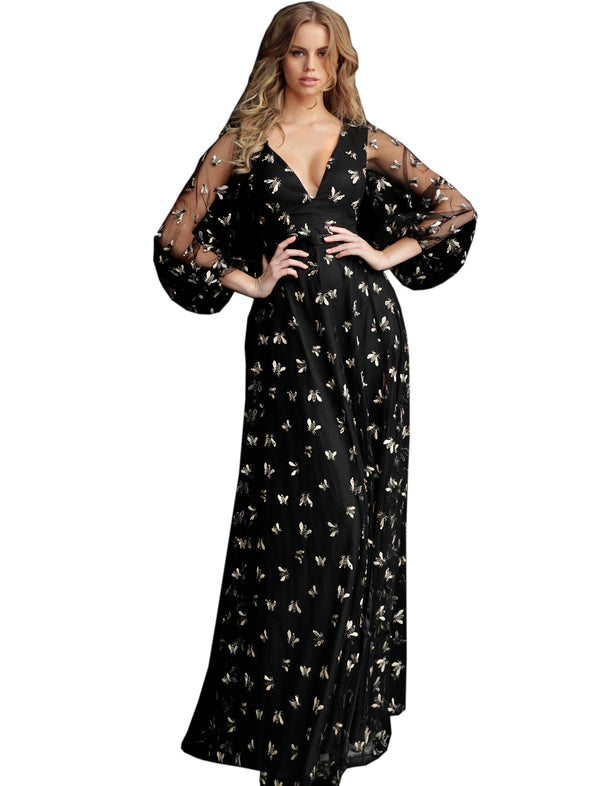 Jovani Black Gold Long Sleeve Embroidered Prom Dress