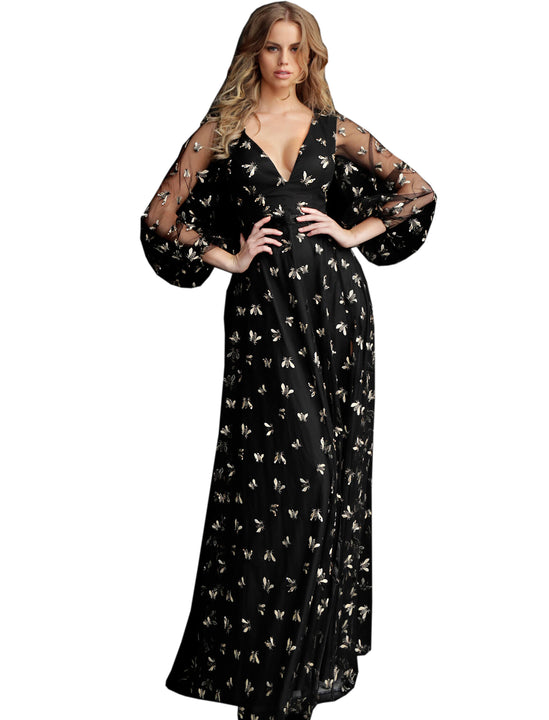 Jovani Black Gold Long Sleeve Embroidered Prom Dress Saris and Things Jovani Black Gold Long Sleeve Embroidered Prom Dress Saris and Things