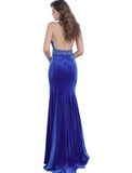Jovani Royal Halter Neck Embellished Belt Velvet Prom Dress