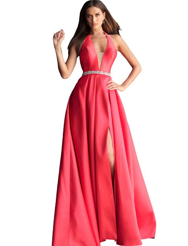 Jovani Red Halter Neck Embellished Belt Prom Gown Dress