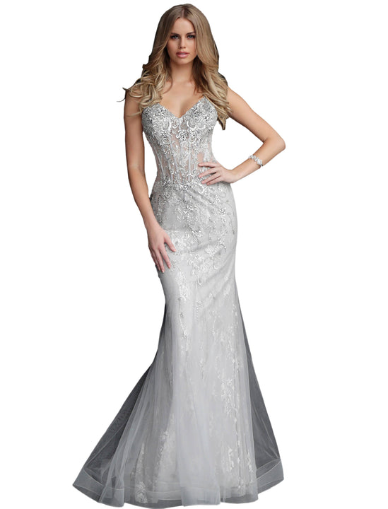 Jovani Silver Embellished V Neck Mermaid Prom Dress