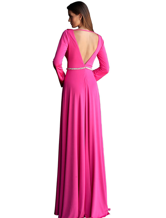Jovani Hot Pink Long Sleeve Crystal Embellished Belt Prom Dress