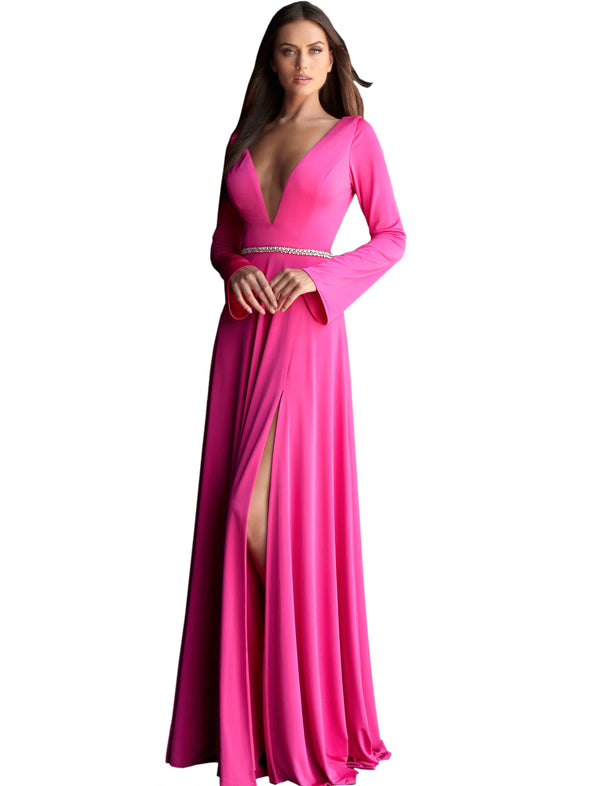 Jovani Hot Pink Long Sleeve Crystal Embellished Belt Prom Dress