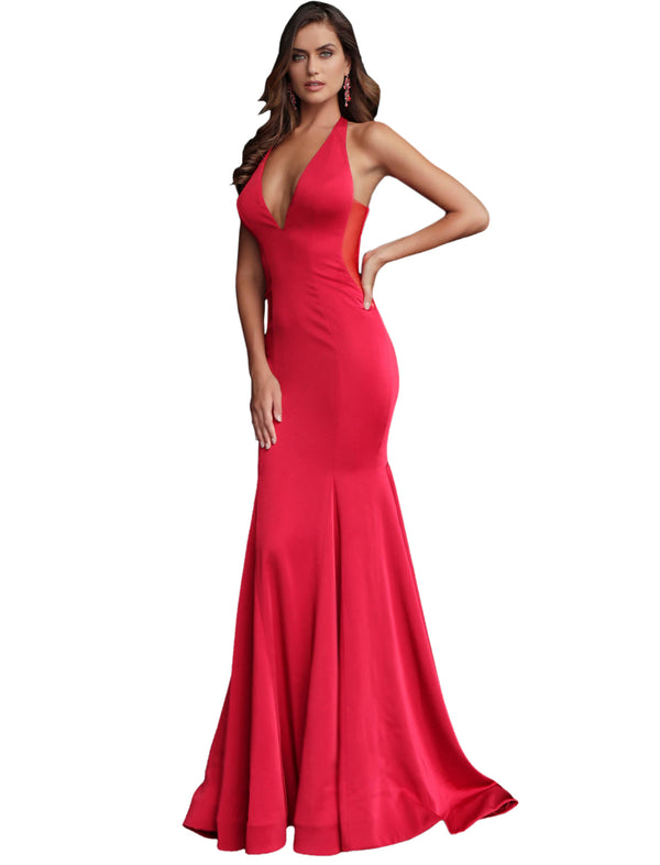 Jovani Red Plunging Neckline Open Back Prom Dress