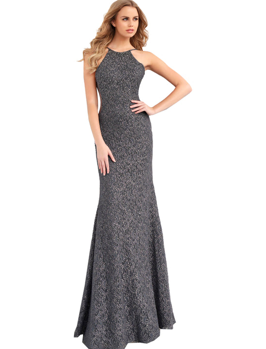 Jovani Gunmetal Fitted Crew Neck Sleeveless Prom Dress