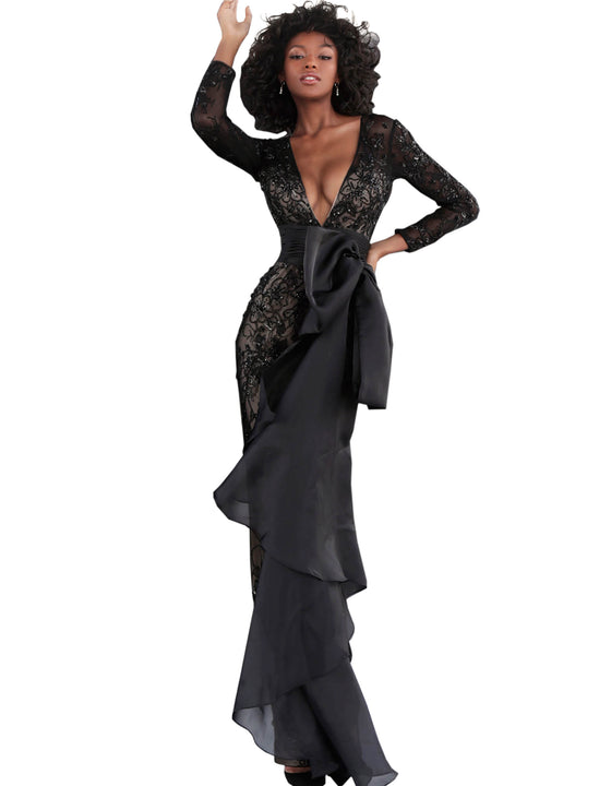 Jovani Black Low V Neck Long Sleeve Prom Jumpsuit Dress Jovani Black Low V Neck Long Sleeve Prom Jumpsuit Dress