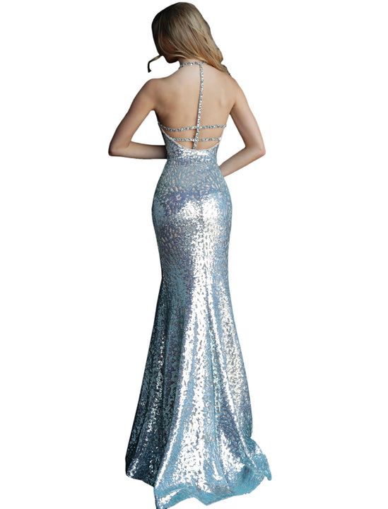 Jovani Blue Nude Key Hole Neckline Sequin Prom Dress