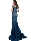 Jovani Peacock Embellished Lace Off the Shoulder Prom Dress