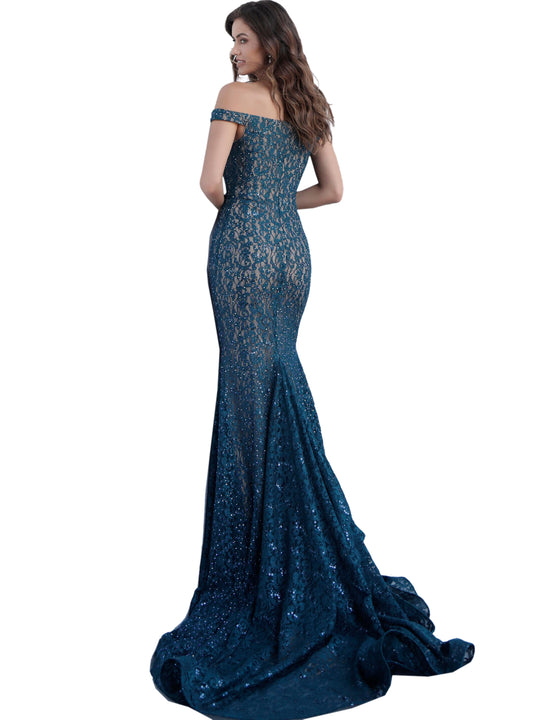 Jovani Peacock Embellished Lace Off the Shoulder Prom Dress