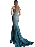 Jovani Peacock Embellished Lace Off the Shoulder Prom Dress