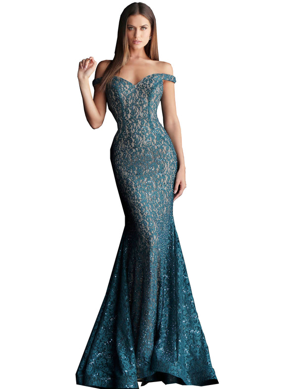 Jovani Peacock Embellished Lace Off the Shoulder Prom Dress