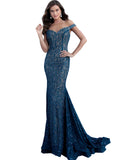 Jovani Peacock Embellished Lace Off the Shoulder Prom Dress