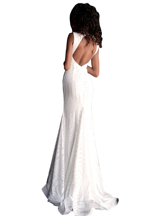 Jovani White Sequin Open Back High Neck Prom Dress
