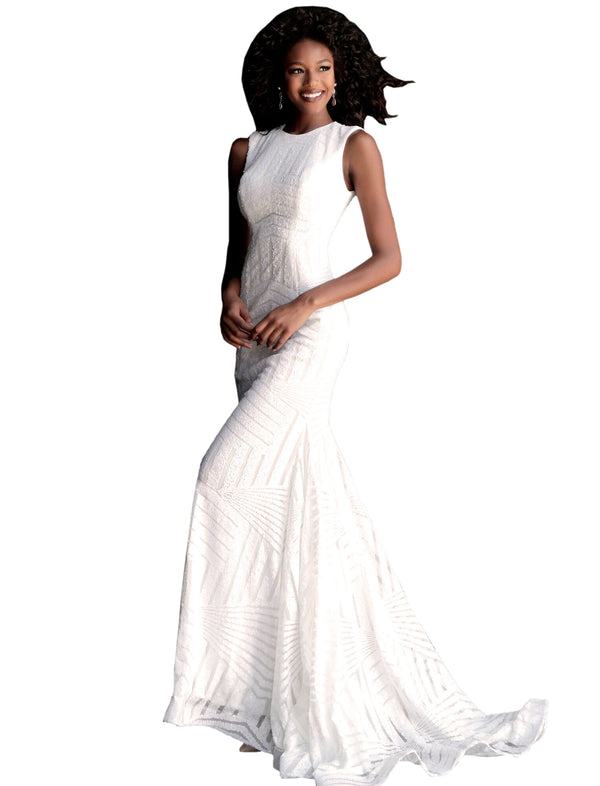 Jovani White Sequin Open Back High Neck Prom Dress