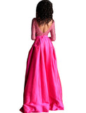 Jovani Fuchsia Beaded Bodice Long Sleeve Prom Ballgown Dress