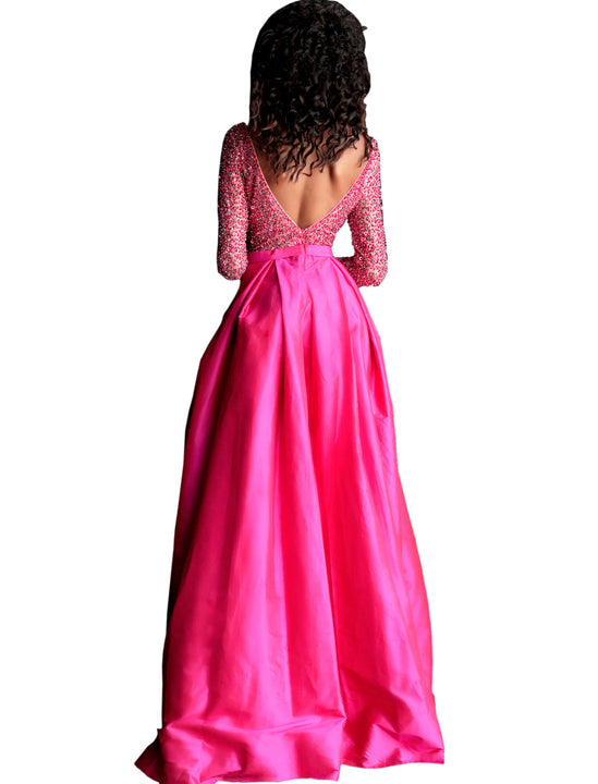 Jovani Fuchsia Beaded Bodice Long Sleeve Prom Ballgown Dress Saris and Things Jovani Fuchsia Beaded Bodice Long Sleeve Prom Ballgown Dress Saris and Things