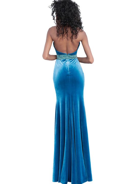 Jovani Teal Backless Halter Neckline Velvet Prom Dress