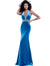 Jovani Teal Backless Halter Neckline Velvet Prom Dress