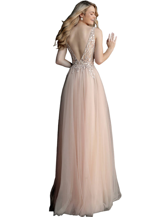 nude beaded prom dress Amarra 88939