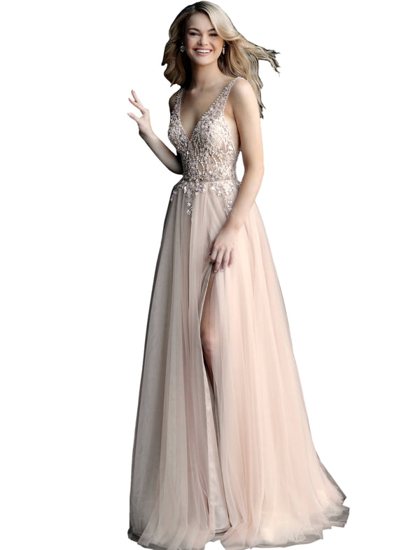 Jovani Nude Beaded Sheer Bodice Tulle Prom Dress