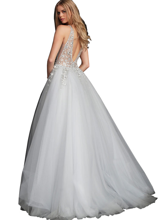 Jovani Grey Crystal Embellished Bodice Open Back Prom Ballgown Dress