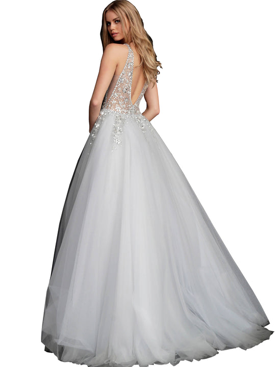 Jovani Grey Crystal Embellished Bodice Open Back Prom Ballgown Dress