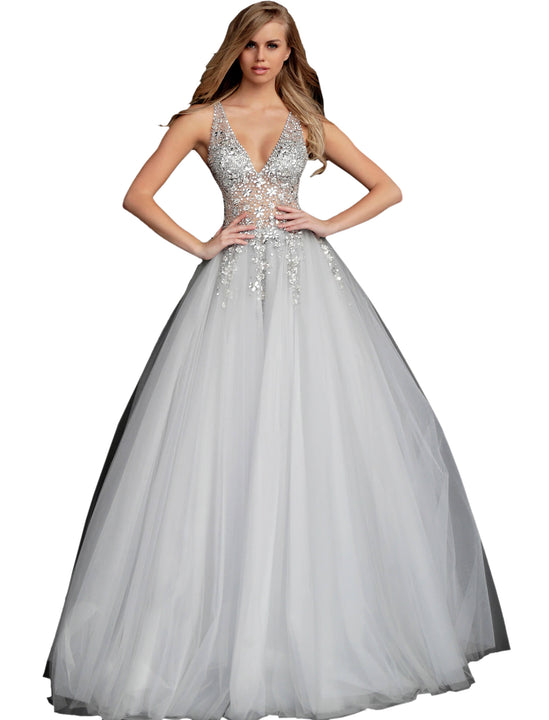 Jovani Grey Crystal Embellished Bodice Open Back Prom Ballgown Dress