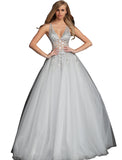 Jovani Grey Crystal Embellished Bodice Open Back Prom Ballgown Dress