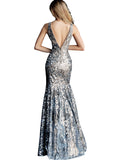 Jovani Light Blue Nude Fitted Plunging Neckline Prom Dress