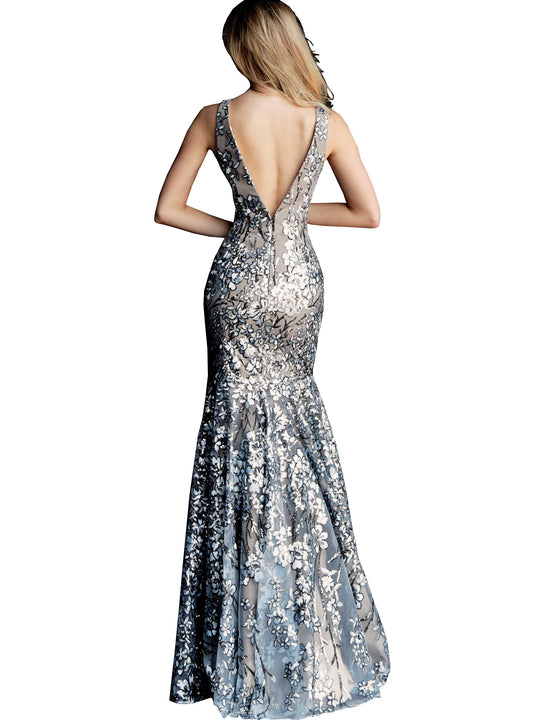 Jovani Light Blue Nude Fitted Plunging Neckline Prom Dress Jovani Light Blue Nude Fitted Plunging Neckline Prom Dress