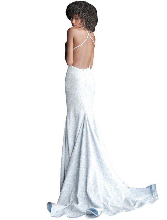 Jovani Soft Blue Silver Backless Glitter Prom Gown Dress