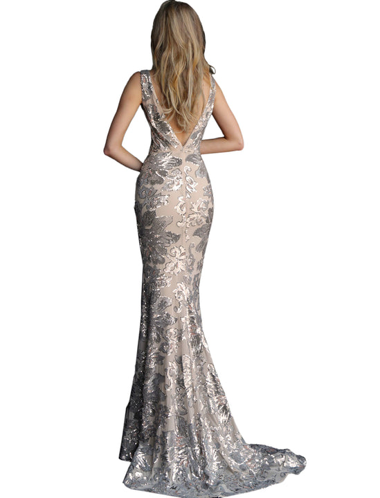 Jovani Silver Nude Plunging Neckline Embellished Prom Dress