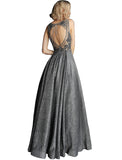 Jovani Dark Grey Embellished Bodice Open Back Prom Gown Dress
