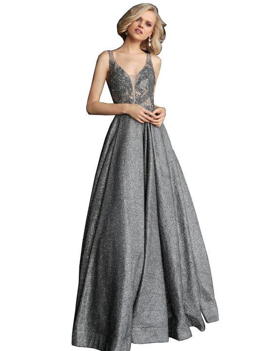 Jovani Dark Grey Embellished Bodice Open Back Prom Gown Dress